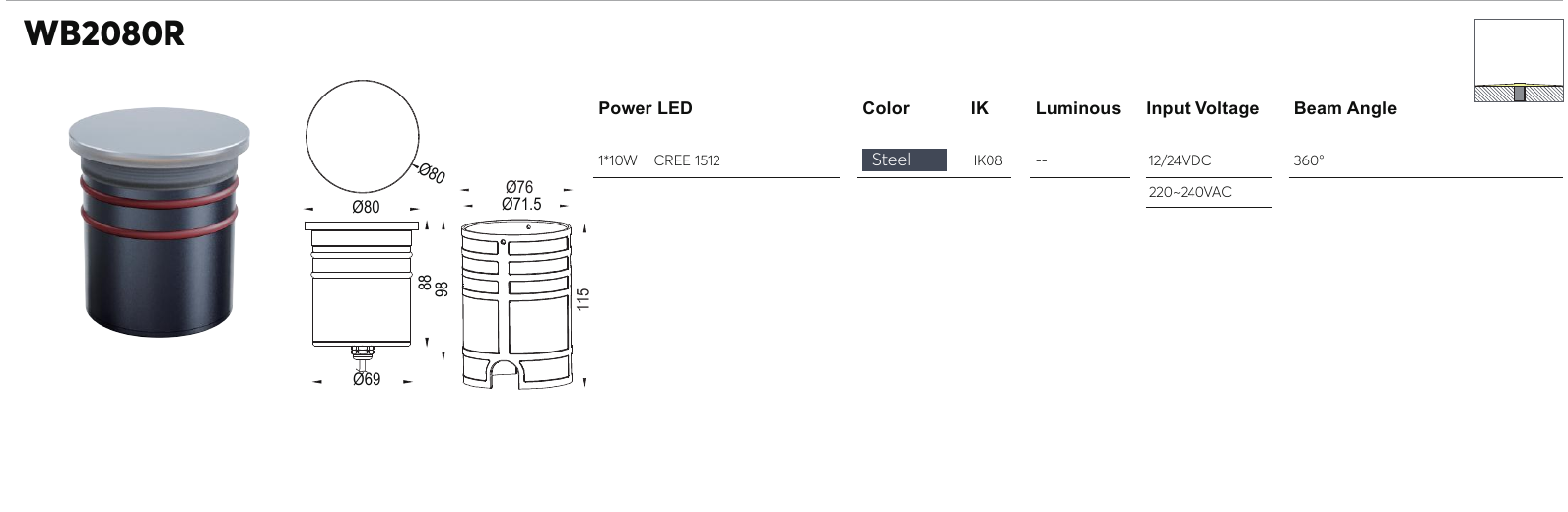 WB2080R original specification row and dimension drawing