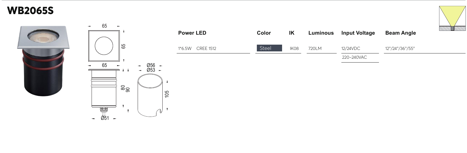 WB2065S original specification row and dimension drawing