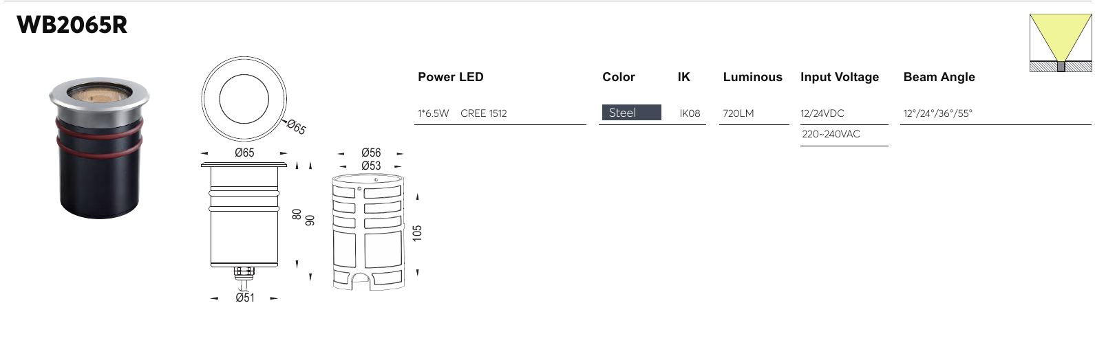 WB2065R original specification row and dimension drawing