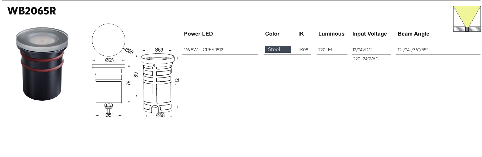 WB2065R original specification row and dimension drawing