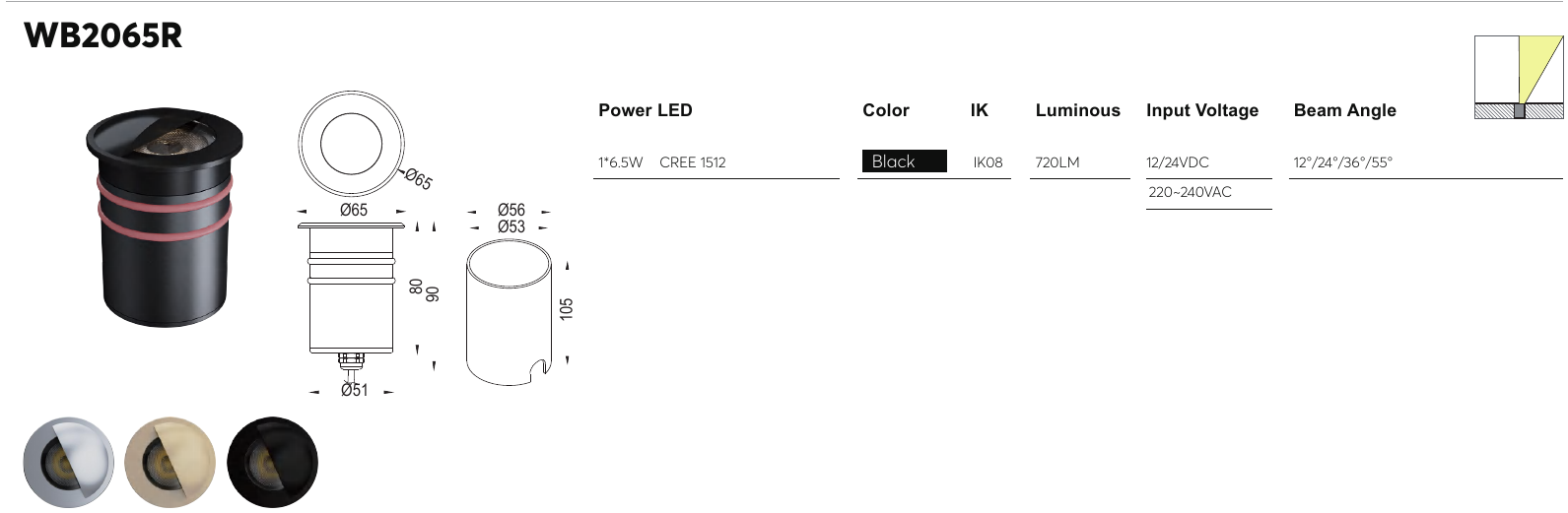 WB2065R original specification row and dimension drawing