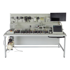 Estação de trabalho PLC com interface HID, kit de sensores e atuadores, sistema de tapete transportador e equipamento didático SCADA, bancada de trabalho educativo, equipamento para formação elétrica.