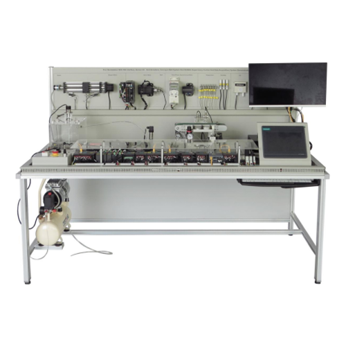 Estação de trabalho PLC com interface HID, kit de sensores e atuadores, sistema de tapete transportador e equipamento didático SCADA, bancada de trabalho educativo, equipamento para formação elétrica.