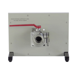 Válvula de bola de 3 vías, seccionada, fija sobre soporte. Equipo didáctico. Equipo de formación profesional. Equipo de laboratorio de mecánica de fluidos.