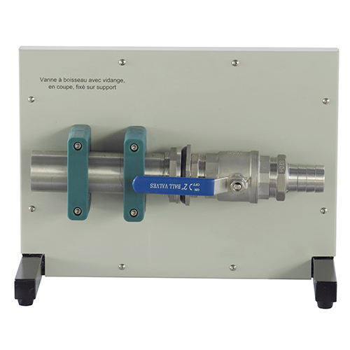 Zawór kulowy z odpływem, segmentowy, zamocowany na wsporniku. Sprzęt dydaktyczny. Sprzęt do szkolenia zawodowego. Sprzęt laboratoryjny do mechaniki płynów.