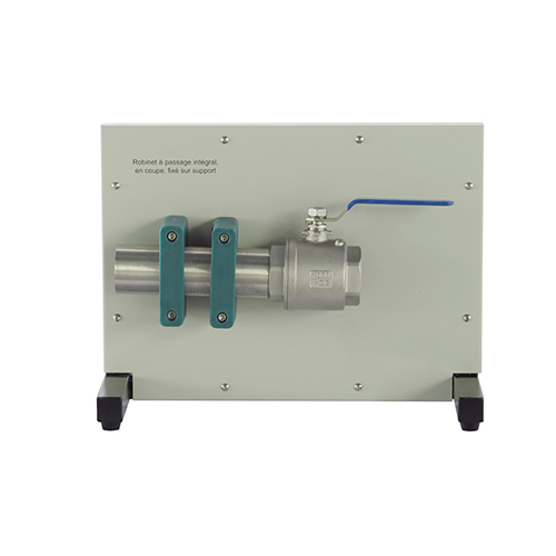 Válvula de paso total, seccional, fija sobre soporte. Equipo didáctico. Equipo de formación profesional. Equipo de laboratorio de mecánica de fluidos.