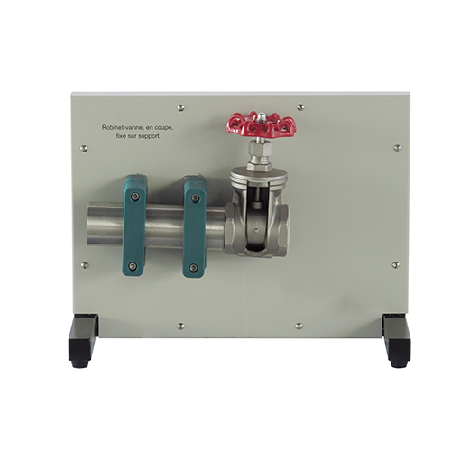 Válvula de compuerta, seccionada, montada en soporte. Equipo didáctico. Equipo de formación profesional. Equipo de laboratorio de mecánica de fluidos.