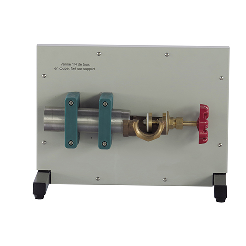 Válvula de 1/4 de vuelta, seccionada, fija sobre soporte. Equipo didáctico. Equipo de formación profesional. Equipo de laboratorio de mecánica de fluidos.