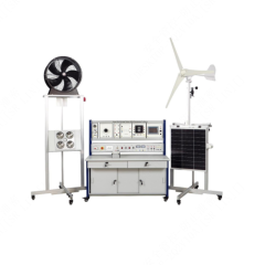Treinador de energia solar e eólica com ligação à rede elétrica, equipamento educativo para formação em competências técnicas, sistema de formação em energias renováveis.