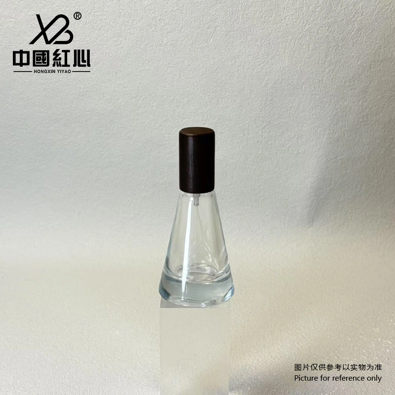 Frosted gradient brown conical glass bottle with wooden cap assembly