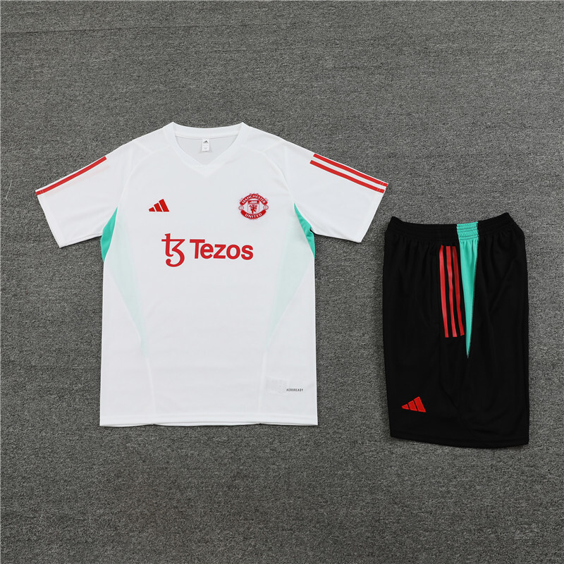 23/24 short-sleeved Manchester United white summer training suit Kids size [with green version]
