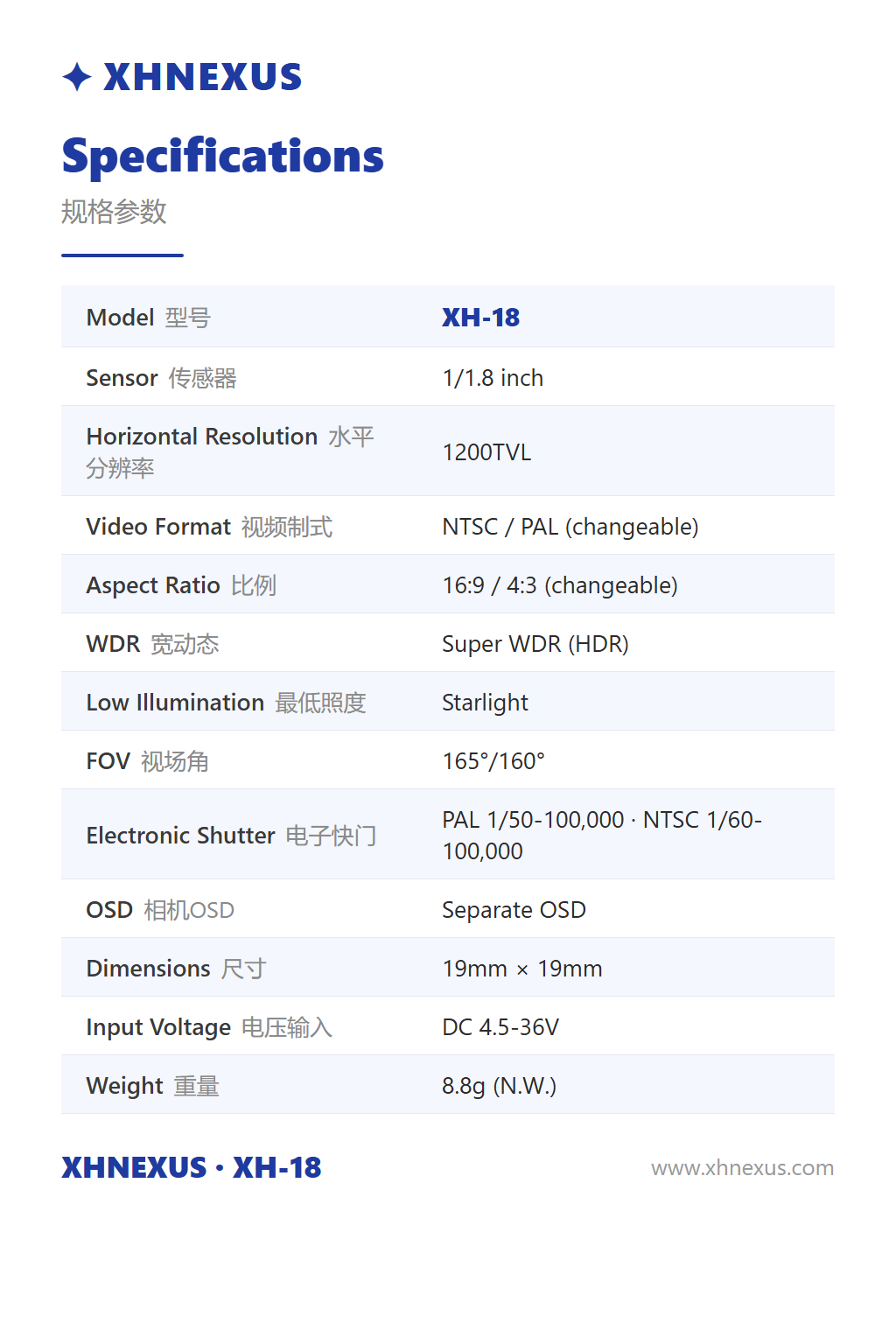 XH-18 1200TVL FPV 摄像头 完整规格参数表