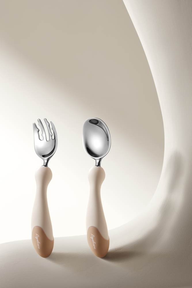 Royalcare Baby Spoon - Self-Feeding Training Fork & Spoon Set, Stainless Steel Ingot-Shaped Utensils for Toddlers Learning to Eat