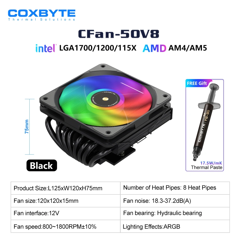 COXBYTE CFan-50V8 8 Heat Pipes Down-pressure CPU Air-cooling Cooler 45MM High 9CM Fan for LGA1200/1700/AM4/5 ITX Chassis