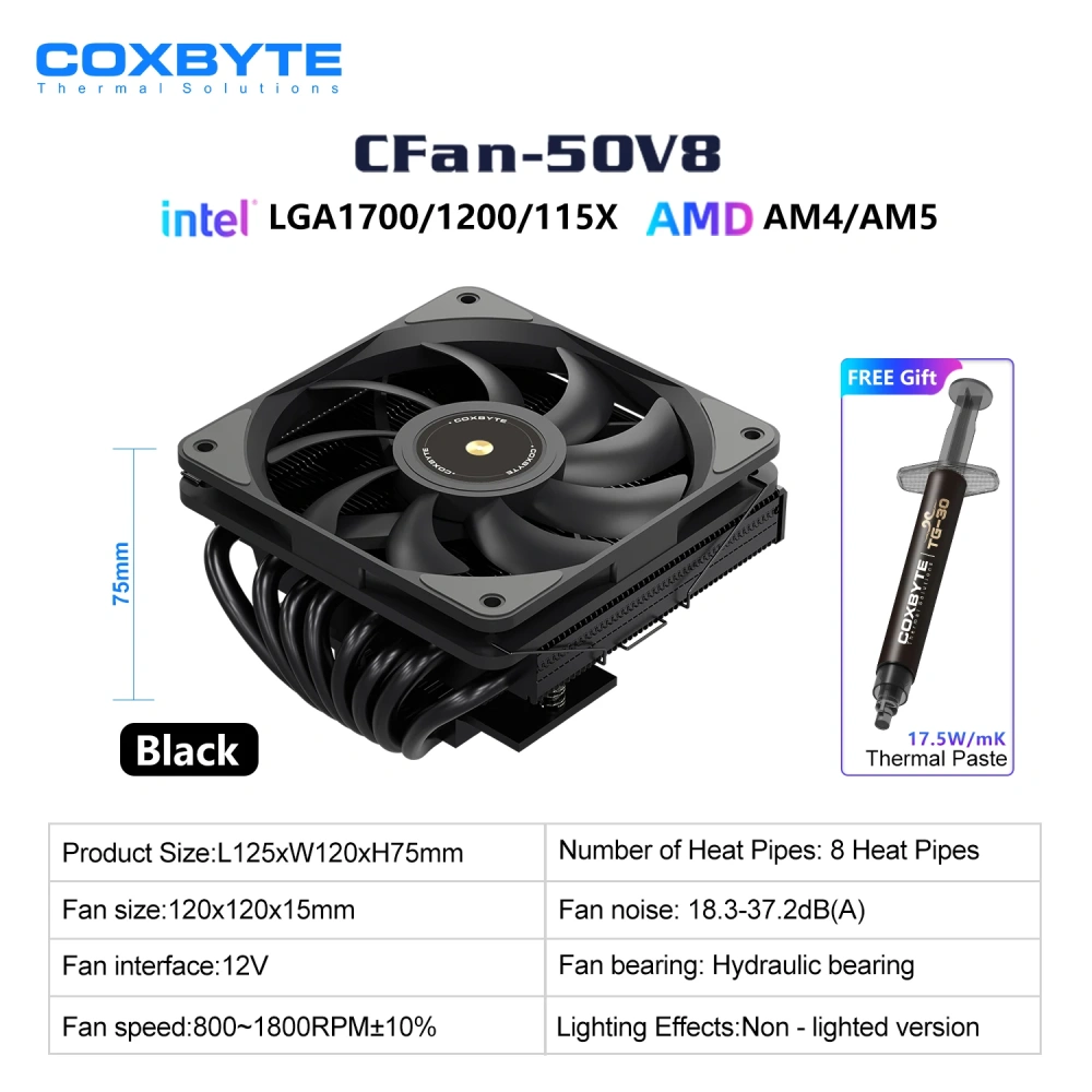 COXBYTE CFan-50V8 8 Heat Pipes Down-pressure CPU Air-cooling Cooler 45MM High 9CM Fan for LGA1200/1700/AM4/5 ITX Chassis
