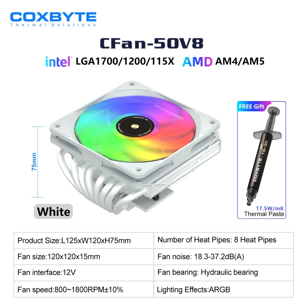 COXBYTE CFan-50V8 8 Heat Pipes Down-pressure CPU Air-cooling Cooler 45MM High 9CM Fan for LGA1200/1700/AM4/5 ITX Chassis