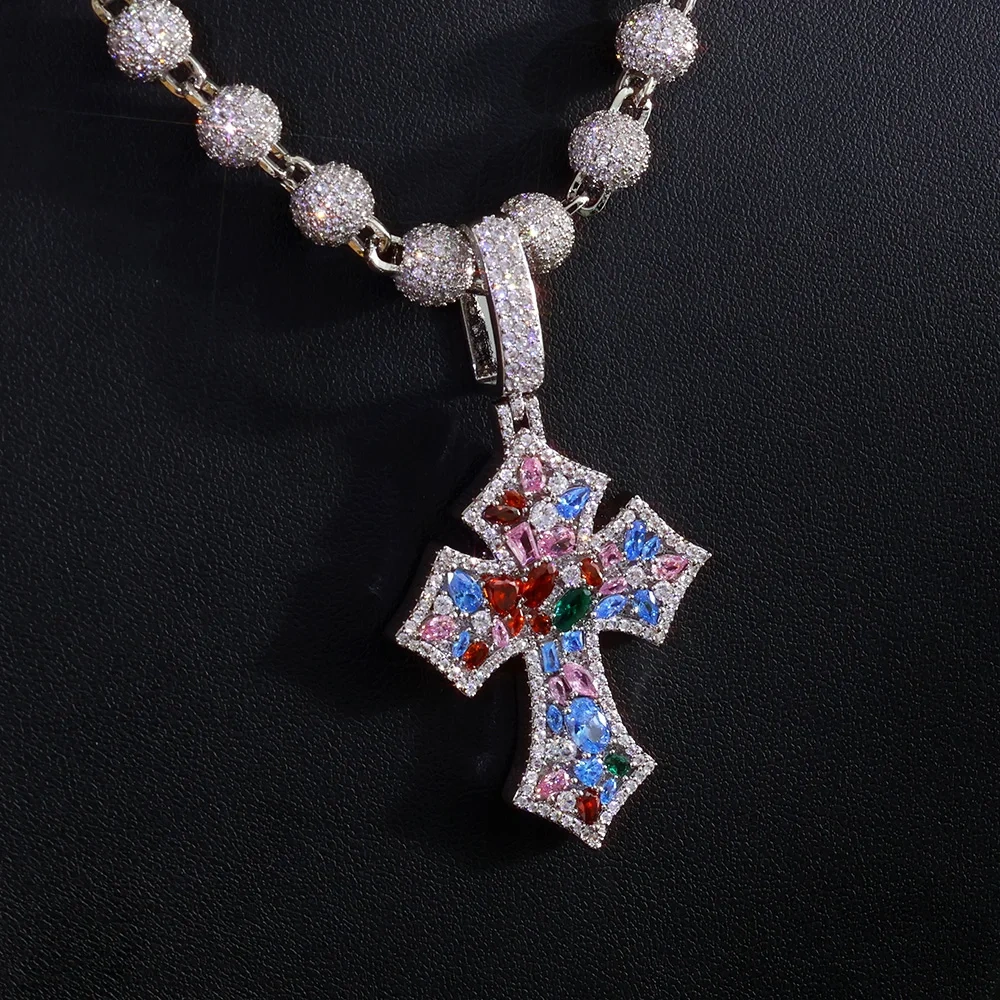 ESKEEM Colorful Cubic Zirconia Iced Out Cross Pendant with Bead Chain High Quality Full Diamond Pendant Hip Hop Fine Jewelry