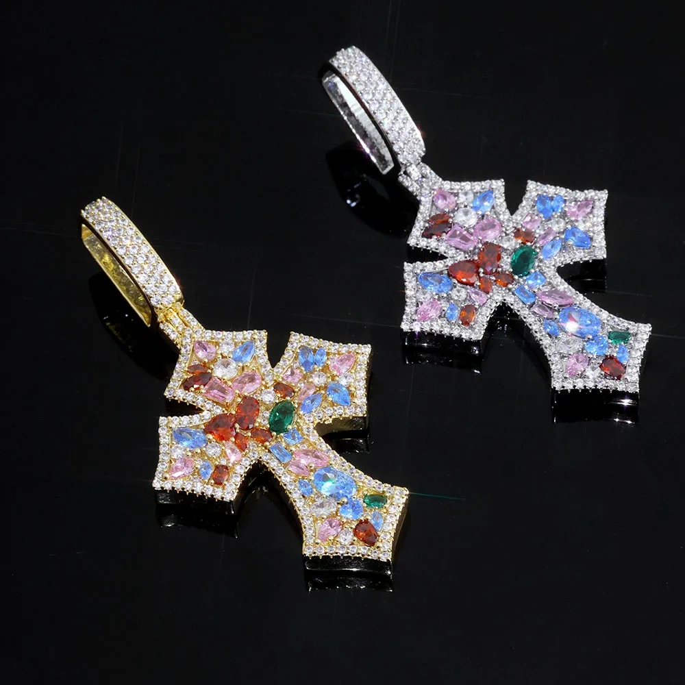 ESKEEM Colorful Cubic Zirconia Iced Out Cross Pendant with Bead Chain High Quality Full Diamond Pendant Hip Hop Fine Jewelry