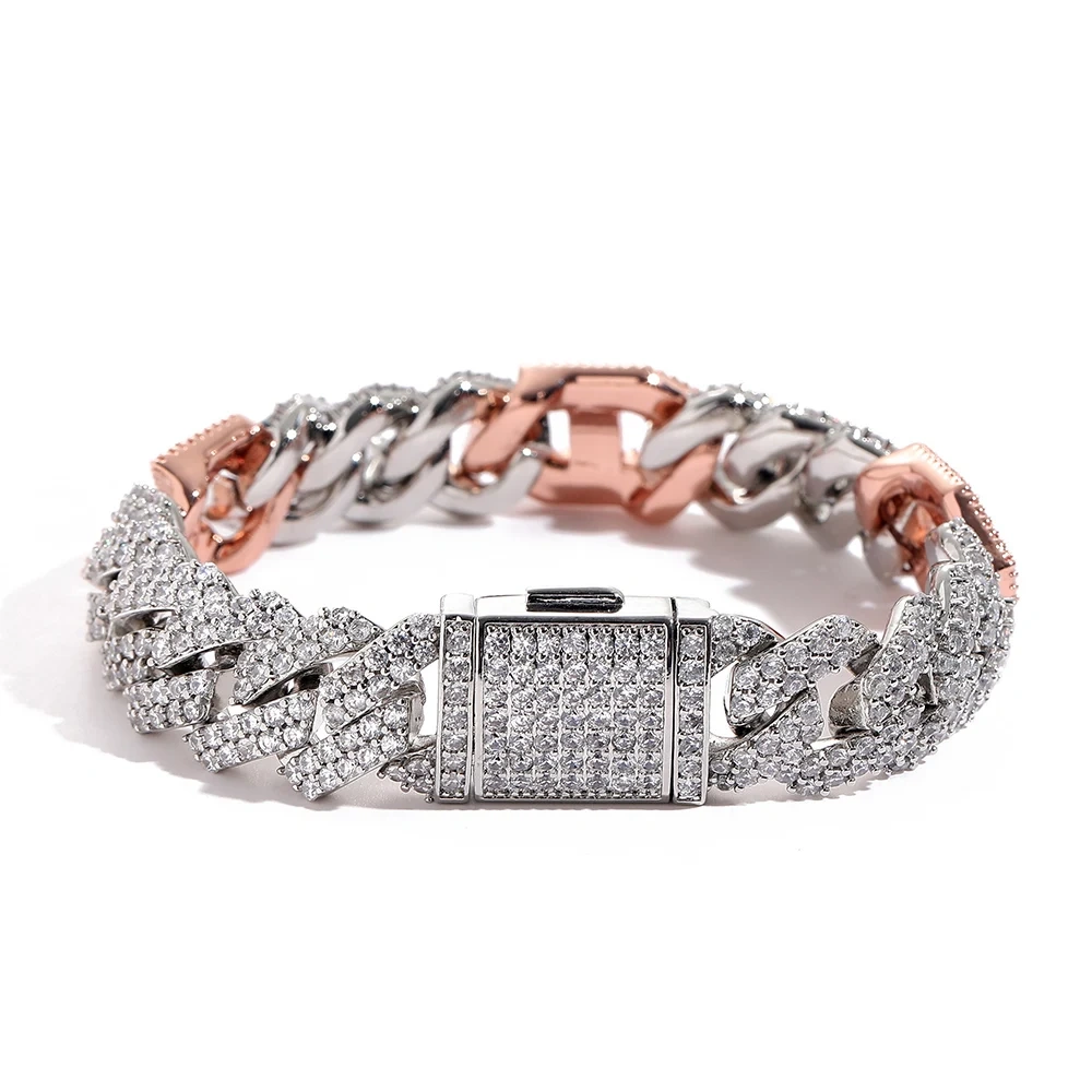 Hip Hop 15mm Iced Out Cuban Link Chain Shiny CZ Stone Pink Two Color Plated Pig Nose Cuban Necklace For Women Men