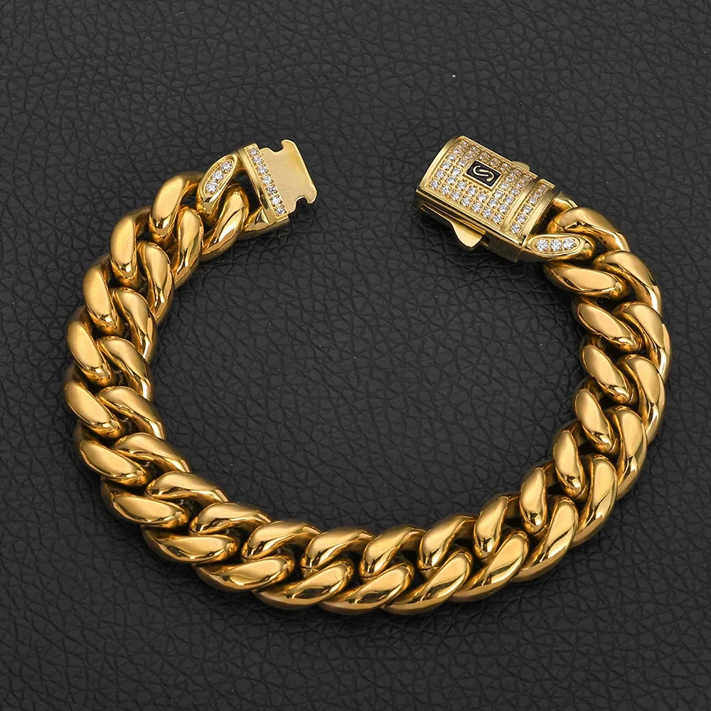 Hip Hop Bling 14k Gold Color Stainless Steel Cuban Miami Necklaces CZ Zircon Spring Lock Monaco Chain for Men Rapper Jewelry