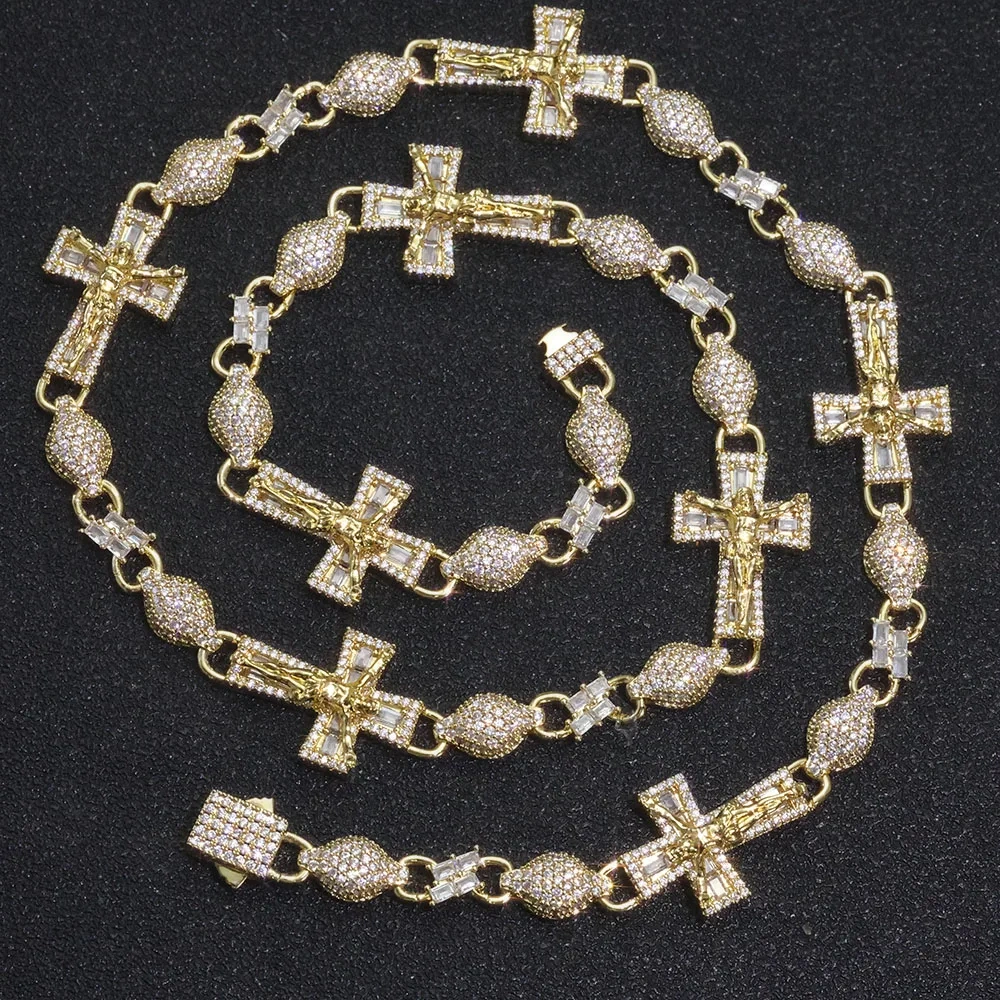 Custom Cross Iced Out Diamond Rosary Ball Link Chain Hip Hop Jewelry  Paved Baguette Cubic Zirconia Necklace Women Men