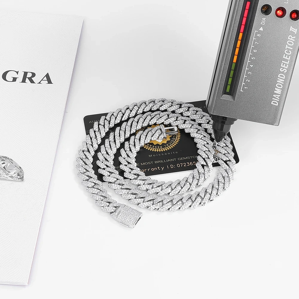 Hip Hop Jewelry VVS Certificate Double Row Iced 12MM S925 Sterling Silver Necklace Moissanite Diamond Miami Cuban Link Chain