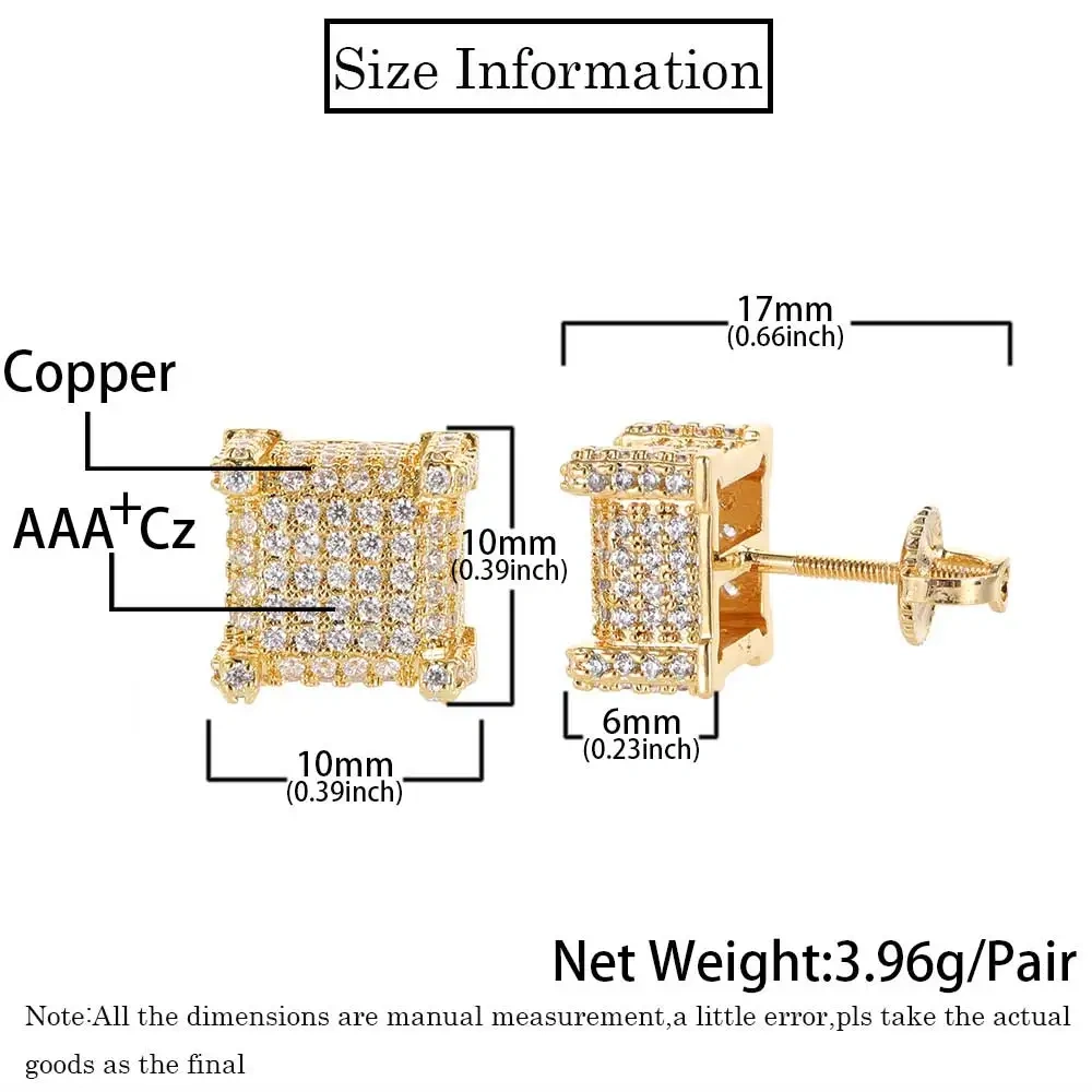 Hip Hop Rock Fashion Jewelry Gold Plated For Women Micro Pave 3A Zircon Square Screw Back Earrings
