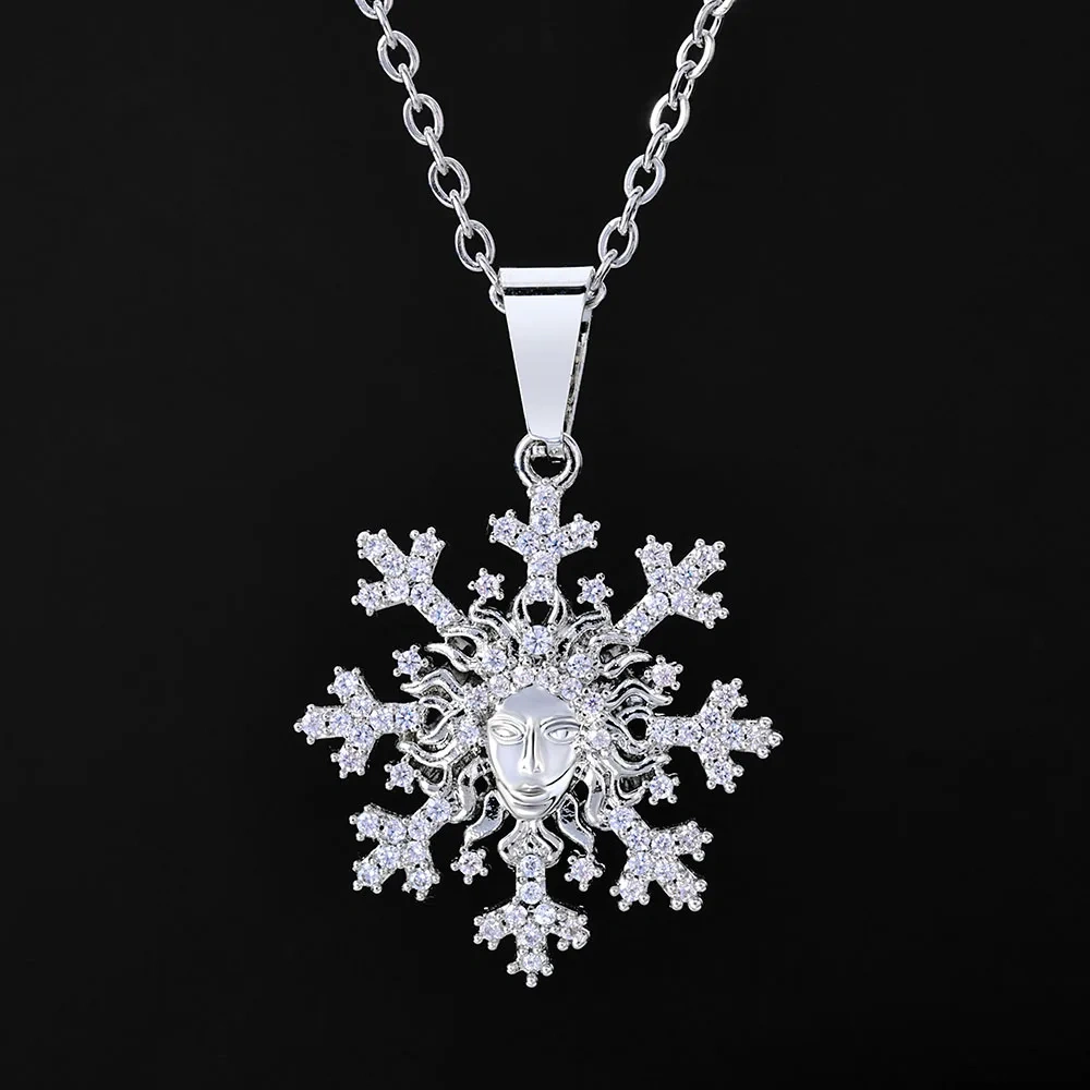 ESKEEM Customized Snowflake Hollow Design Dazzling Zircon Pendant Christmas Day Silver Plated Pendant Necklaces for Women Gifts