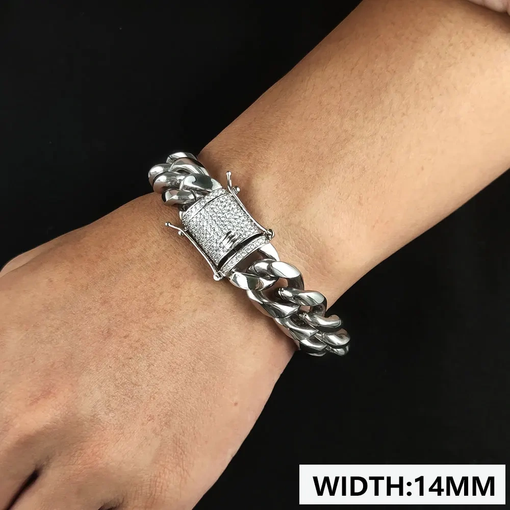6/8/10/12/14/16MM Hip Hop Rock Zircon Clasp Cuban Bracelets For Men Stainless Steel Jewelry