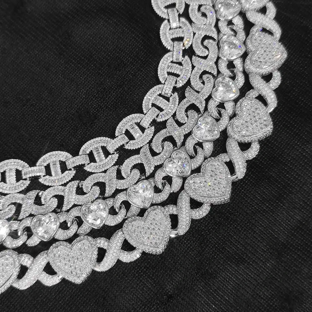 ESKEEM Women's 15mm White Gold Plated Cuban Link Choker Iced out Jewelry Bling Zircon Heart infinite Link Chain Necklace