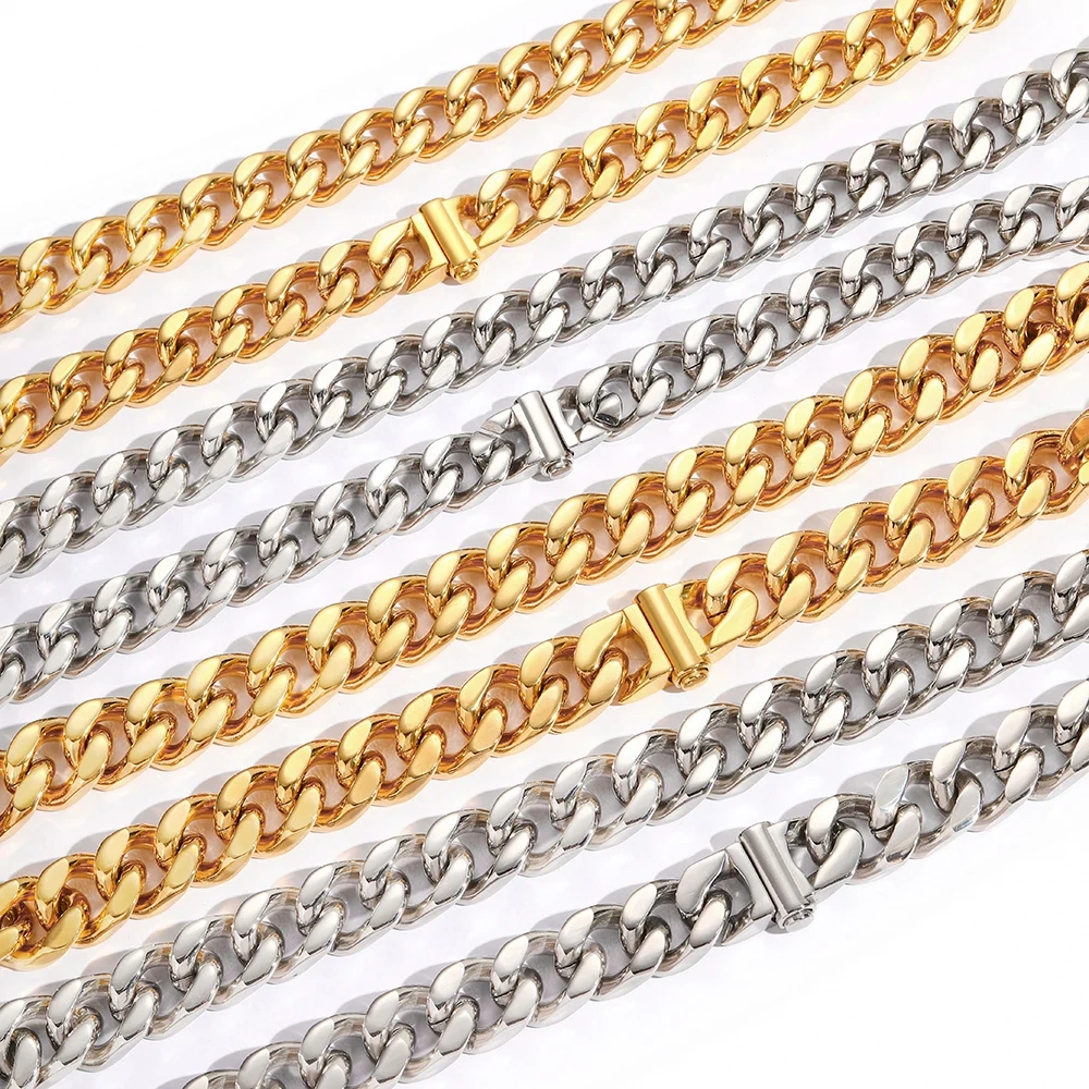 Hip Hop Fashion Jewelry PVD Plating Cuban Necklace Stainless Steel Chunky 10/12MM Miami Cuban Link Chains For Men Gift