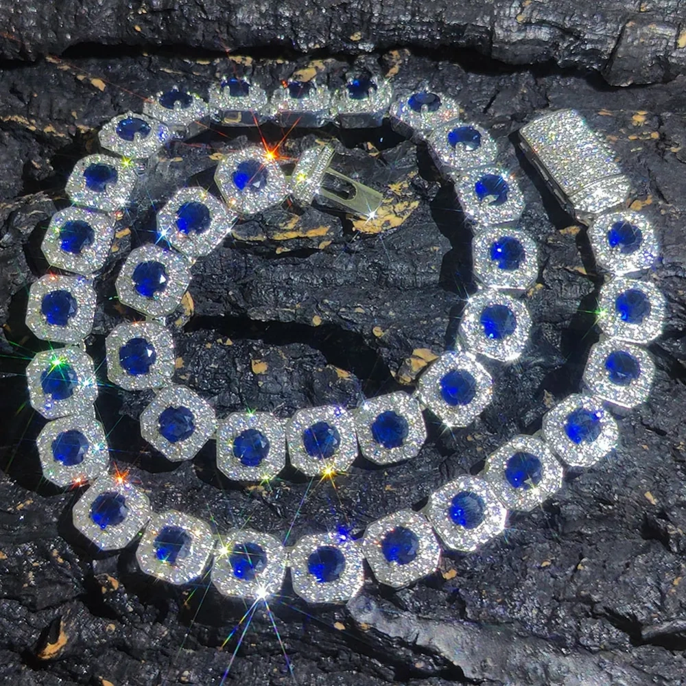12mm Hip Hop Jewelry Pink/Treasure Blue/Sea Blue Girl Cluster Tennis Chain Cubic Zirconia Bling Diamond CZ Necklace For Women