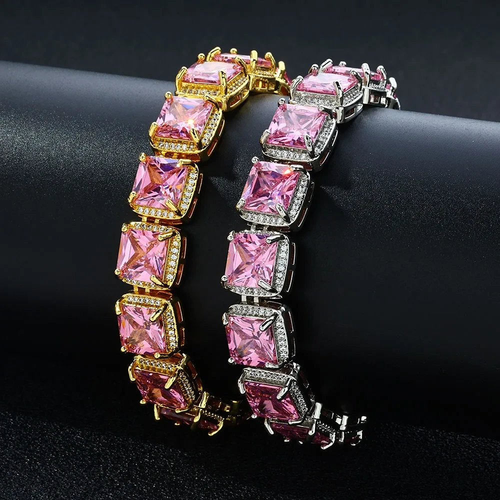 ESKEEM Fashion 10mm Pink Crystal Bracelet for Women Micro Pave Bling CZ Stone Iced Out Cluster Tennis Chain Bracelet
