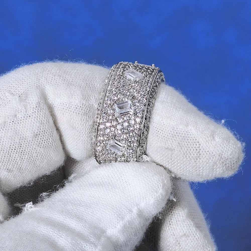 Hip Hop Fine Jewelry Fancy Shape Band Iced Out Cubic Zirconia Ring Emerald Championship Ring  Men