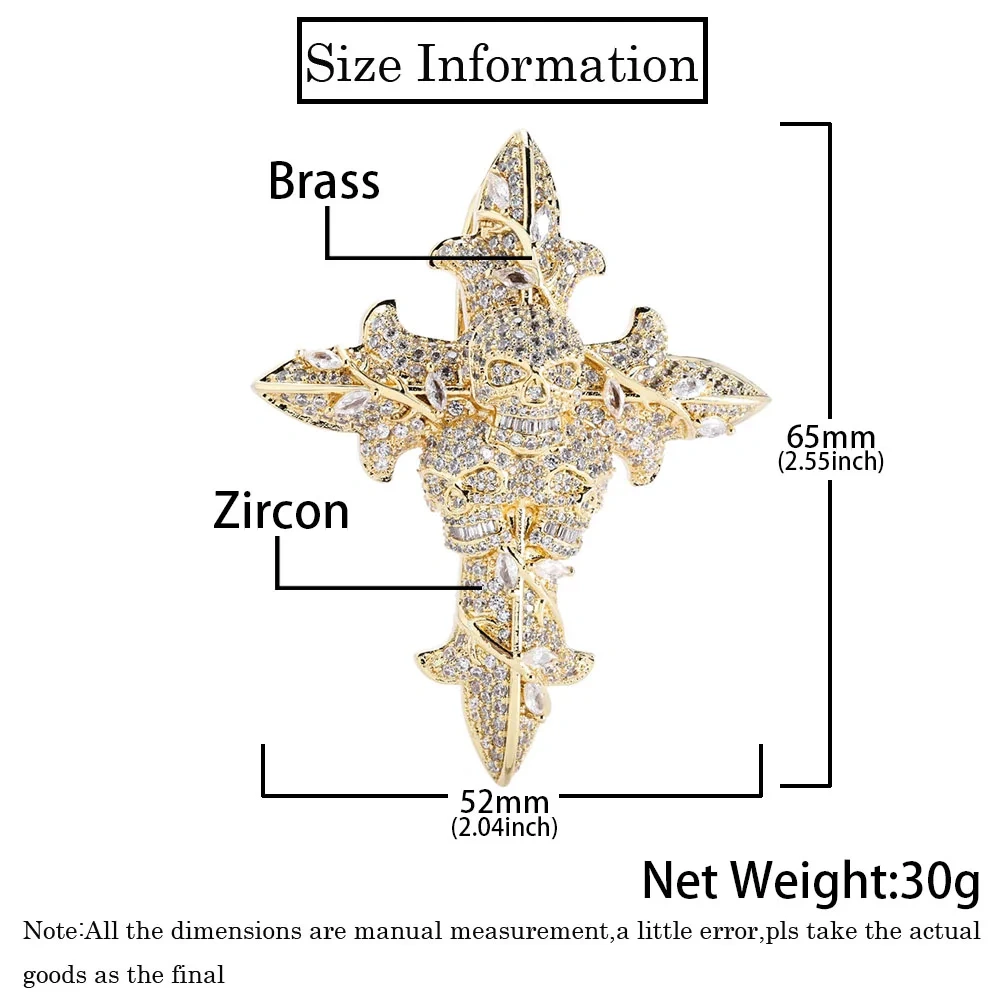 Hot Selling Vintage Jewelry Iced Out Flower Skull Cross Pendant Necklace 5A Zircon Christian Religious Cross Necklace Charm