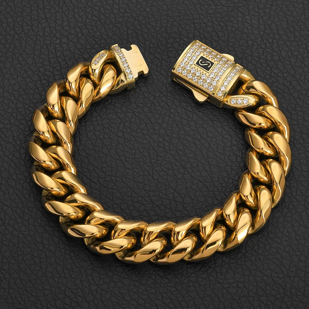 Hip Hop Bling 14k Gold Color Stainless Steel Cuban Miami Necklaces CZ Zircon Spring Lock Monaco Chain for Men Rapper Jewelry