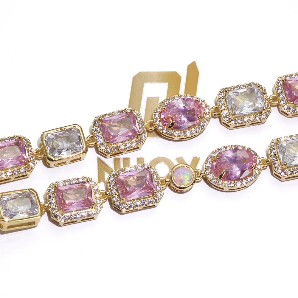 ESKEEM 10mm Opal Custom Bling Pink Cz Stone Chain Silver Gold Plated Necklace Geometric Gemstone Motif Iced Out Link Chain