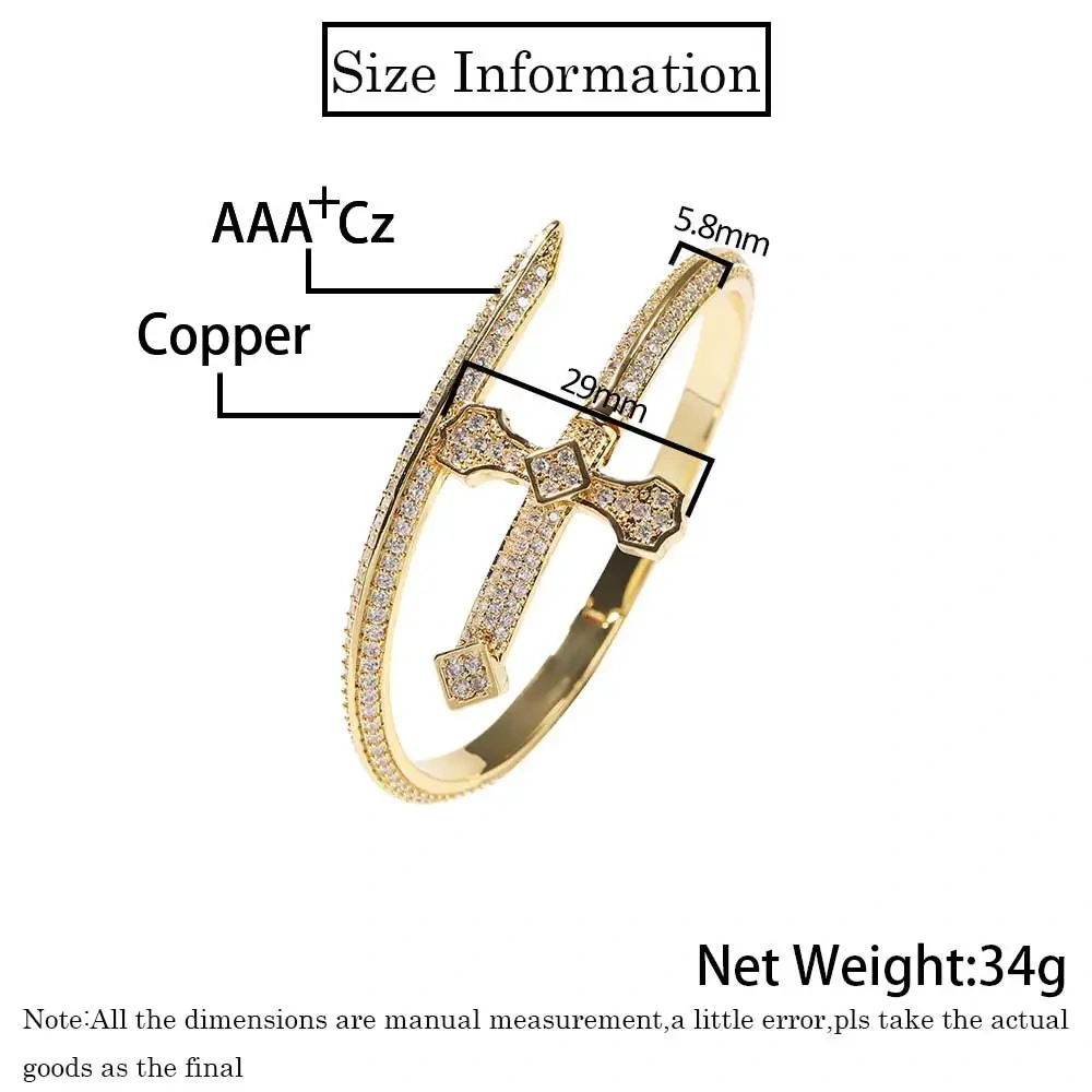 New Design Full Iced Sword Shape Bracelet Bling Brass Zircon 18K Gold Plated Bangle Fashion Women Man Jewelry