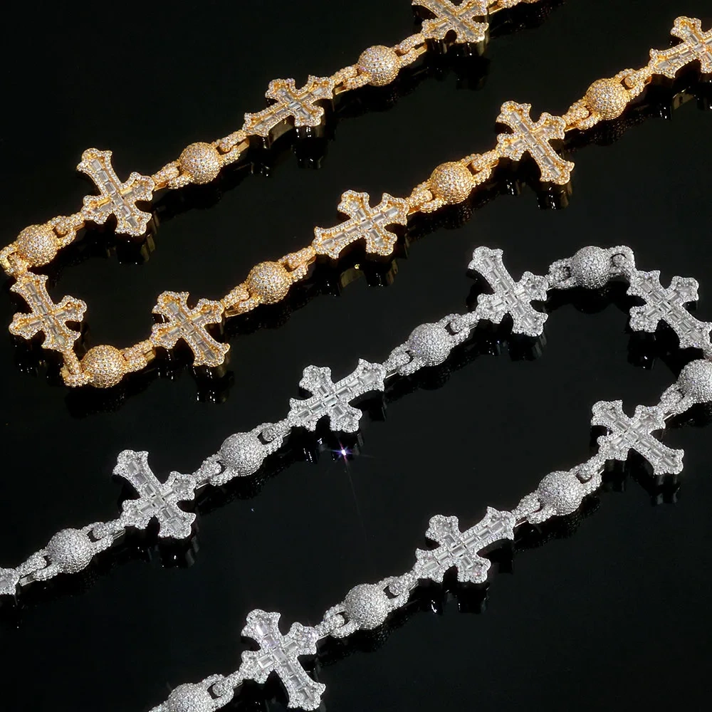 ESKEEM Iced Out Zircon Pants Chain 18MM Silver Plated Cross & Round Bead Design Bling Diamond Fine Jewelry