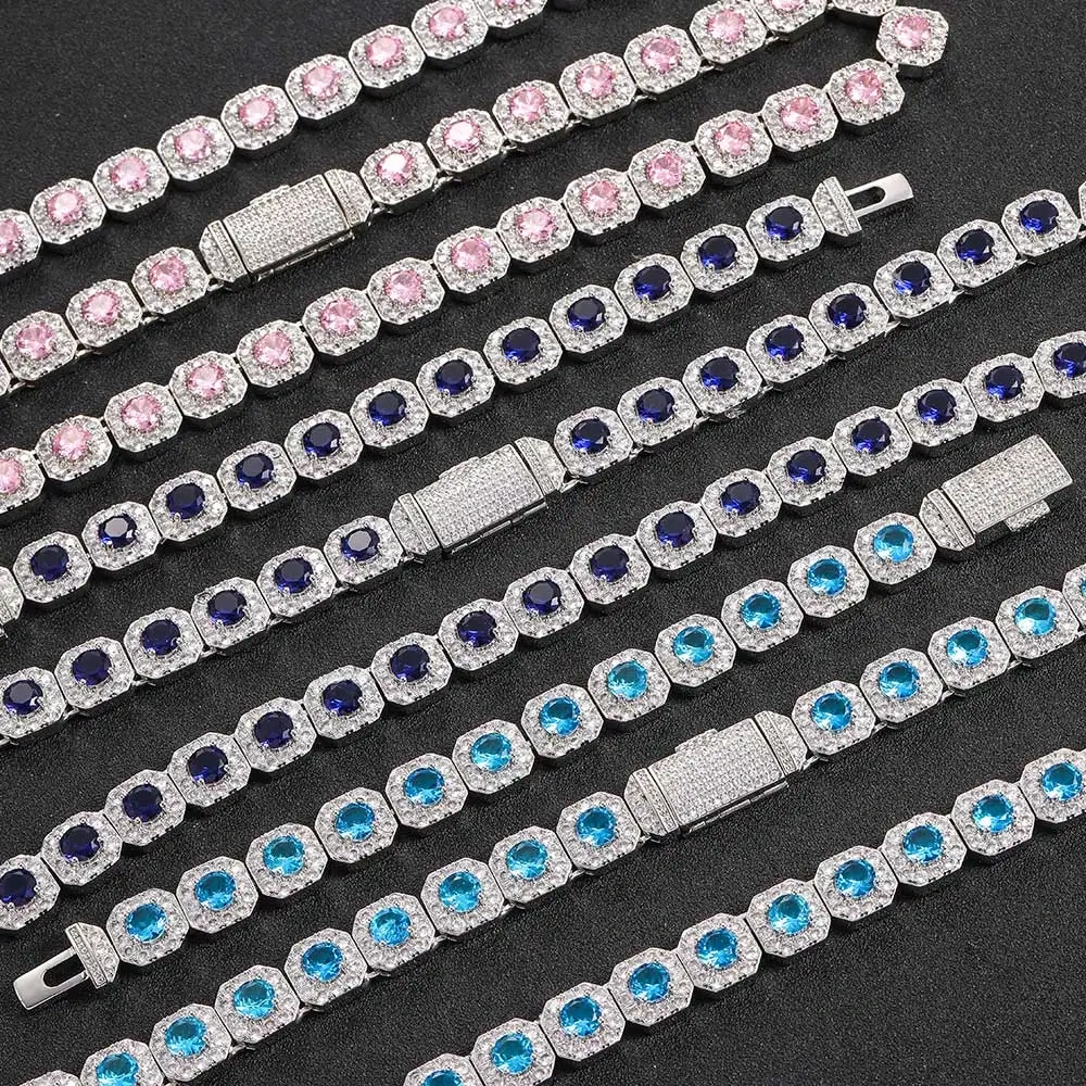 12mm Hip Hop Jewelry Pink/Treasure Blue/Sea Blue Girl Cluster Tennis Chain Cubic Zirconia Bling Diamond CZ Necklace For Women