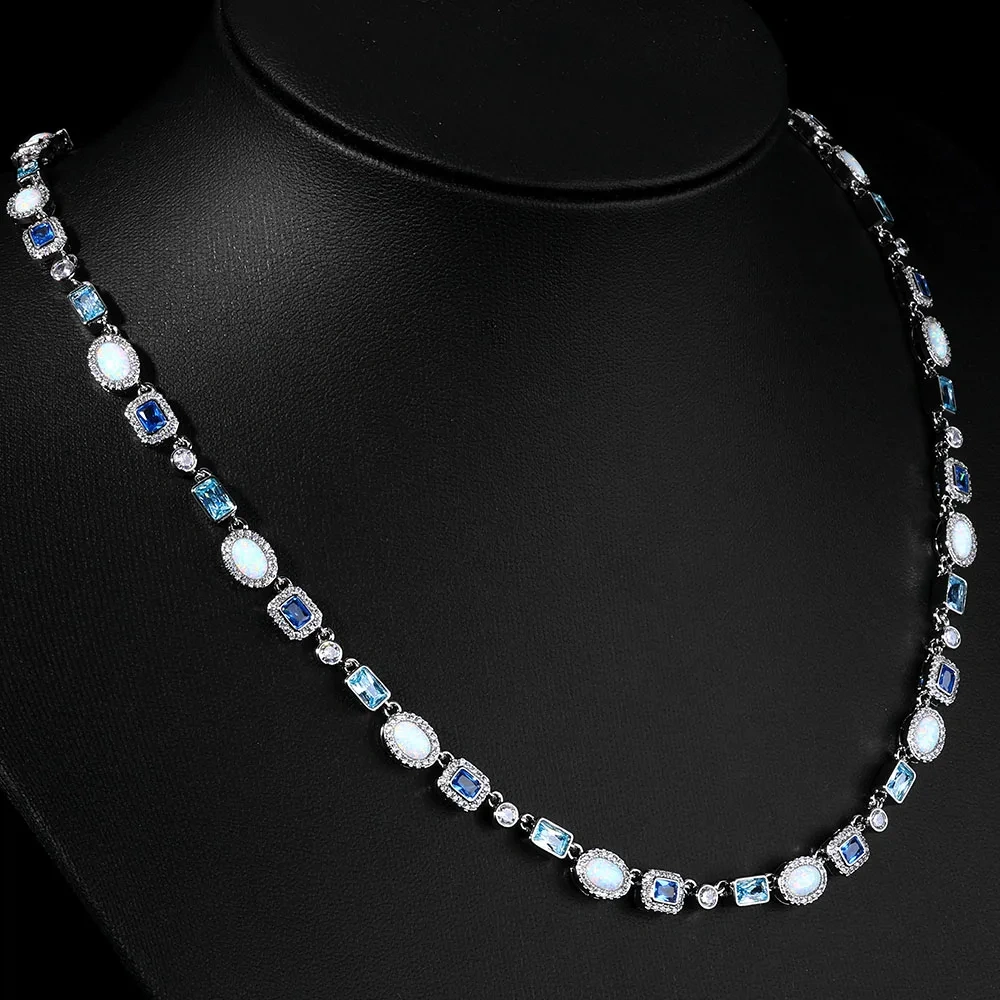ESKEEM 6mm Geometric Gemstone Motif Iced Out Blue Chain Multicolor CZ Stones White Gold Plated Diamond Necklace Hip Hop Jewelry