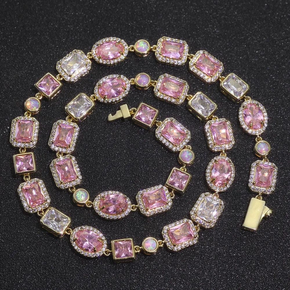ESKEEM 10mm Opal Custom Bling Pink Cz Stone Chain Silver Gold Plated Necklace Geometric Gemstone Motif Iced Out Link Chain