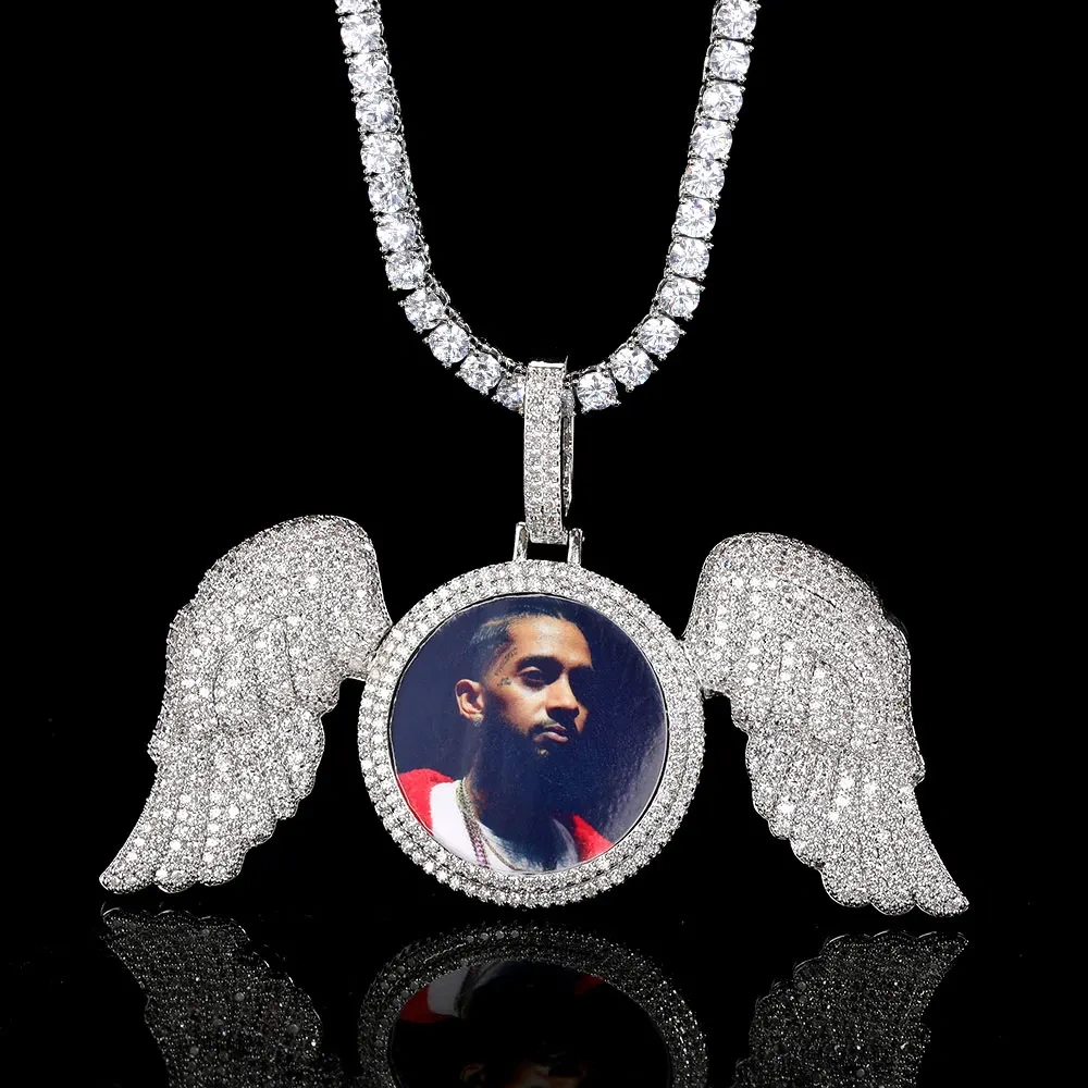 Hip Hop Memorial Custom Wing Photo Pendant Necklace For Men Personalized With Angel Wings Pendants Trays Picture