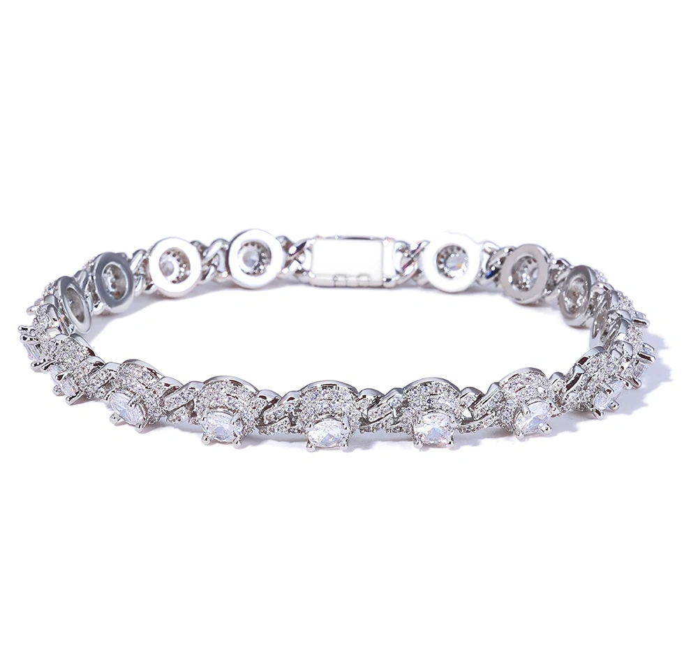 Hip Hop High End Jewelry Diamond White Gold Iced Out Bracelet 7.5mm Big Cz Round Bead 1Row Cuban Bracelet for Women Men Gift