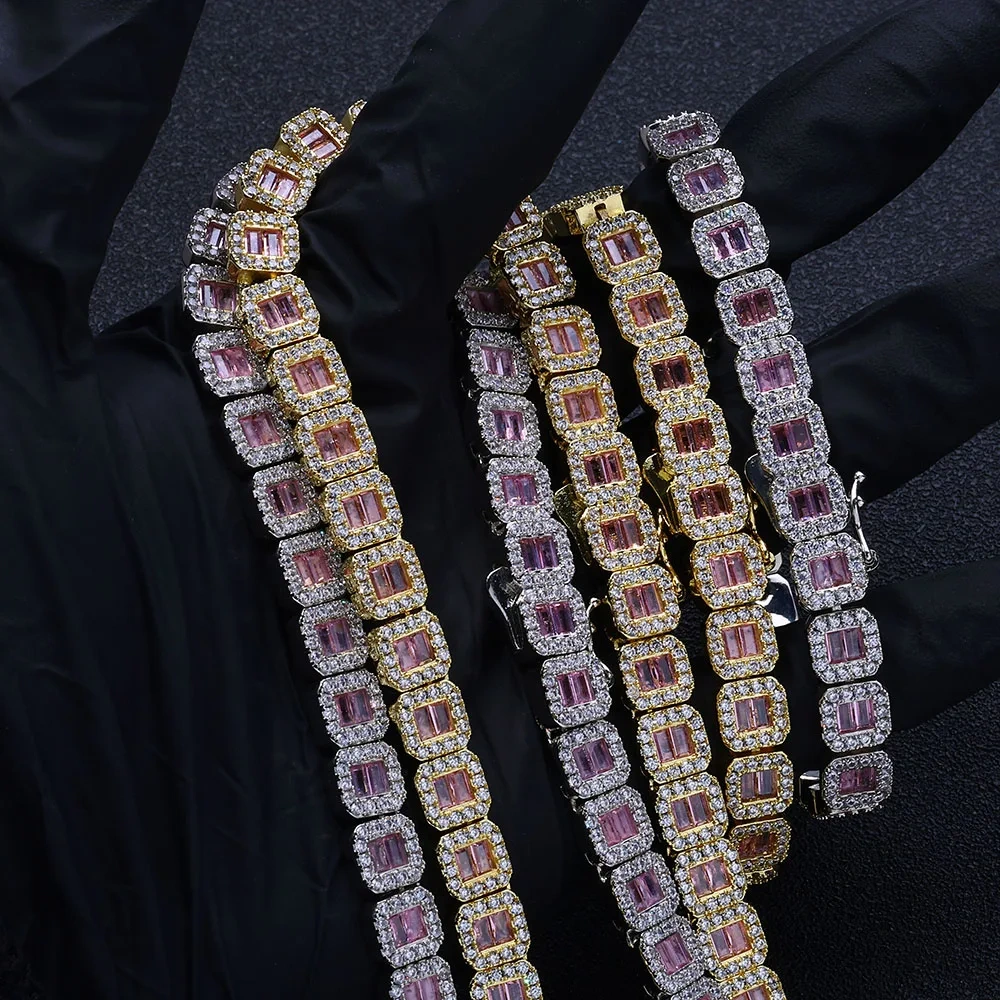 ESKEEM Hip Hop Jewelry White Gold Plated Clustered Tennis Chain for Women Micro Pave Purple Baguette CZ Diamond Tennis Necklace