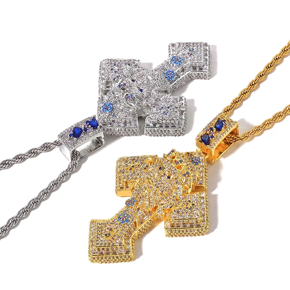 ESKEEM Micro Paved Barbed Wire Iced Jesus Cross Pendant Hip Hop Men Colorful Jesus Head with Vine Cross Charm Necklace