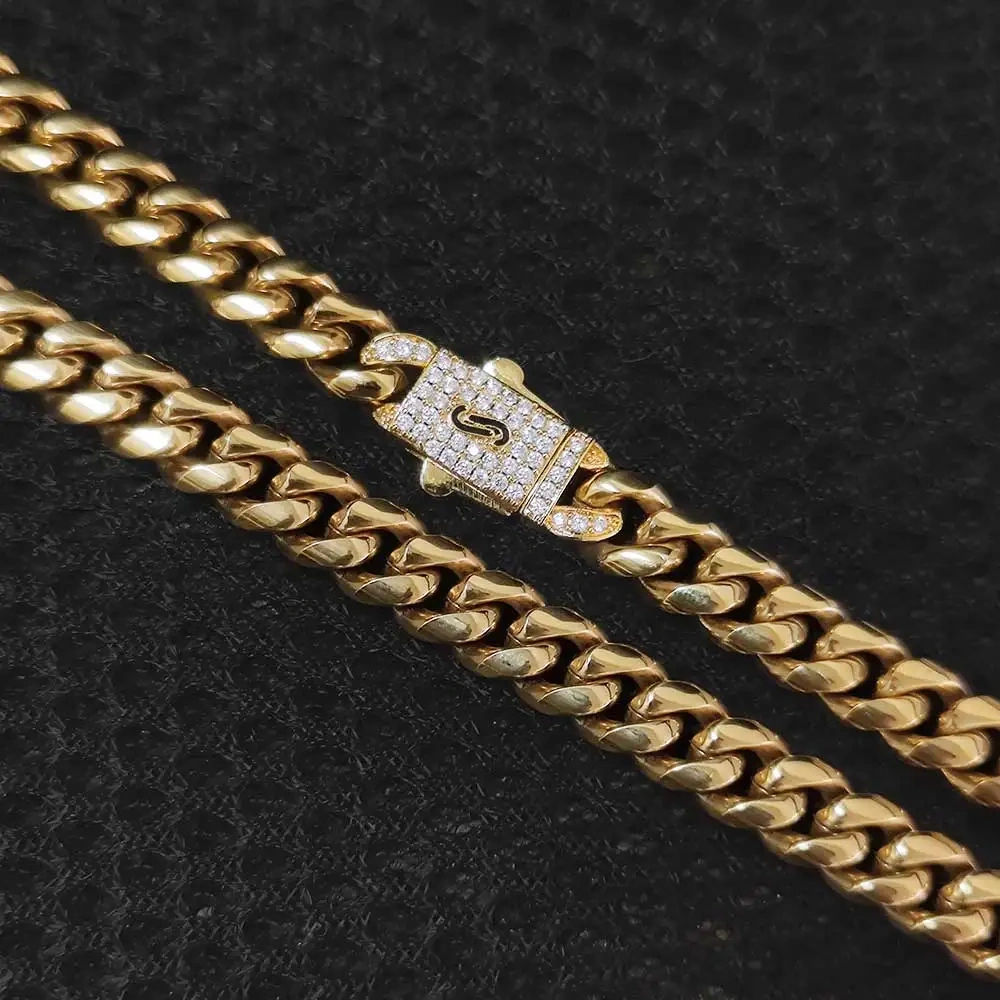 18K Gold Plated 8MM Miami Cuban Link Chain Hip Hop Necklace Custom Name/Logo Diamond Clasp Stainless Steel Cuban Chain Necklace