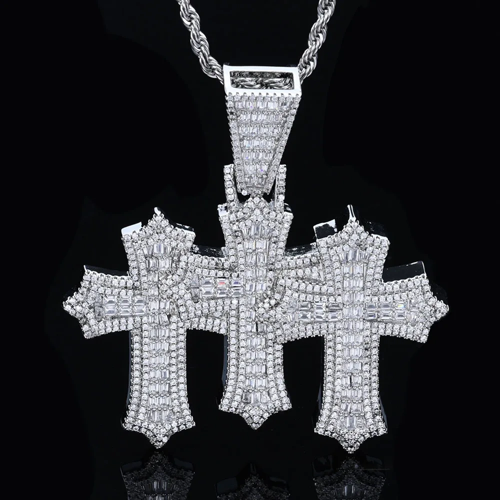 Real VVS Moissanite Three Crosses Pendant S925 Silver Iced Out for Men Women Hip Hop Jewelry  Round Rectangle Moissanite Pendant