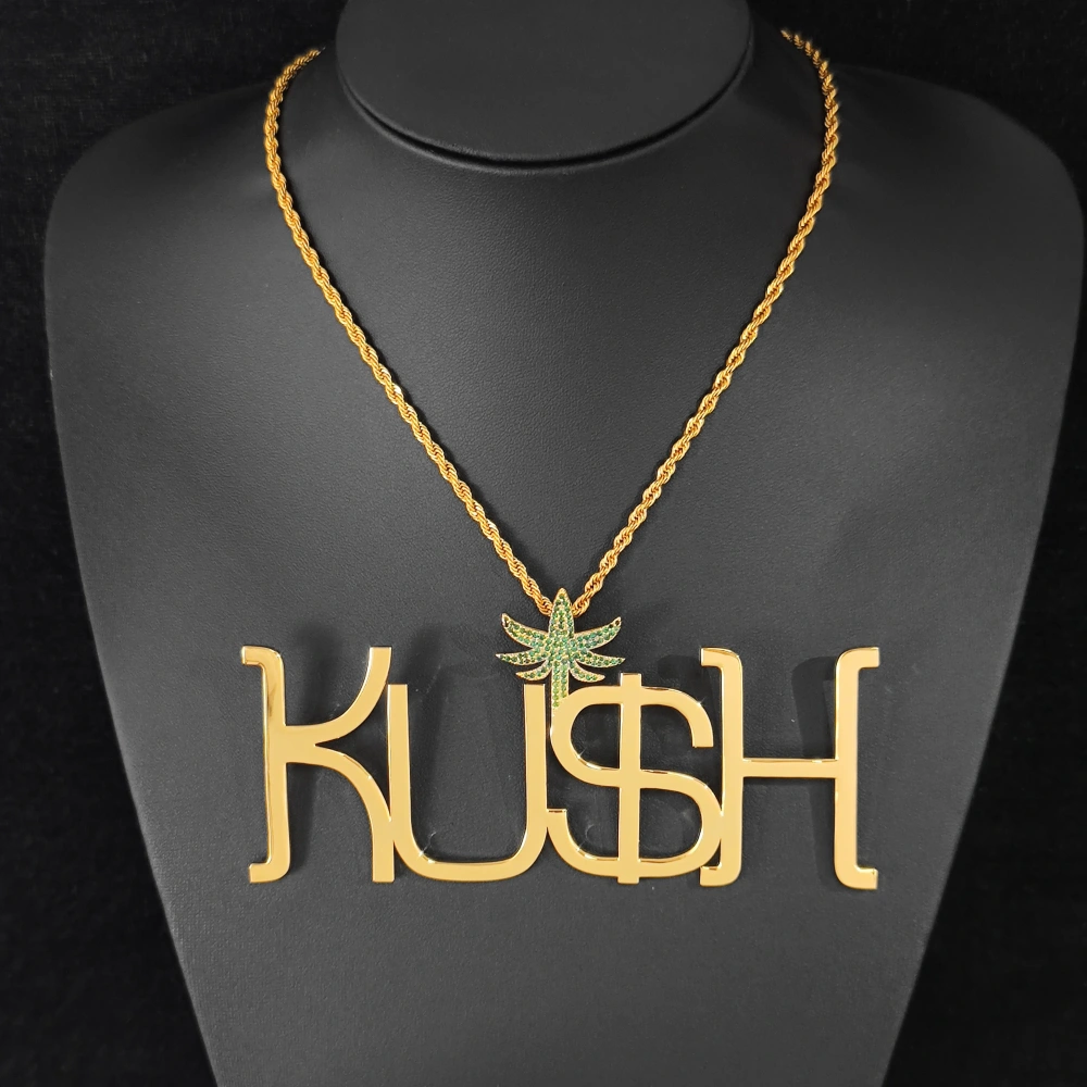 Hip Hop Jewelry Metal Alphabet Label Custom Logo Pendant Iced Out Green Leaf Hook Smooth Letter Pendant Gift For Men Women