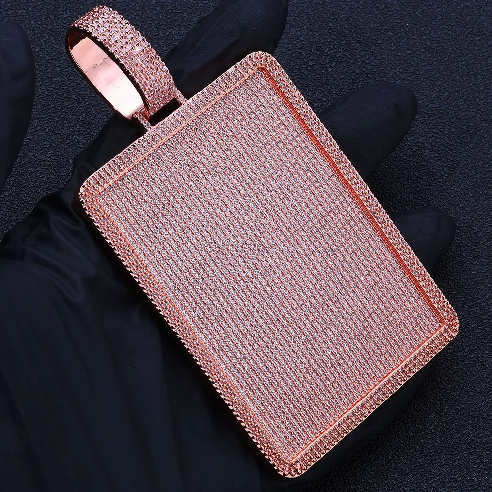 Custom Full Pave Zircon Solid Back Square Rectangle Pendants Necklace for Men HipHop Style Handmade Jewelry